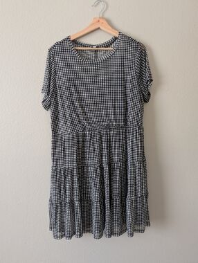 Gingham Tiered Mini Dress Short  Sleeve Black White Plaid Cottagecore Spring 1X